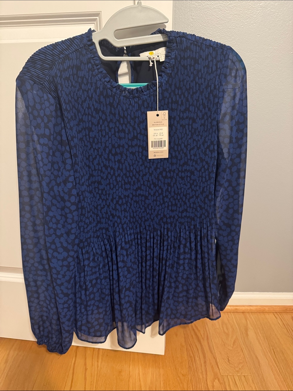Boden Royal Blue Printed Long-Sleeve Peplum Blouse